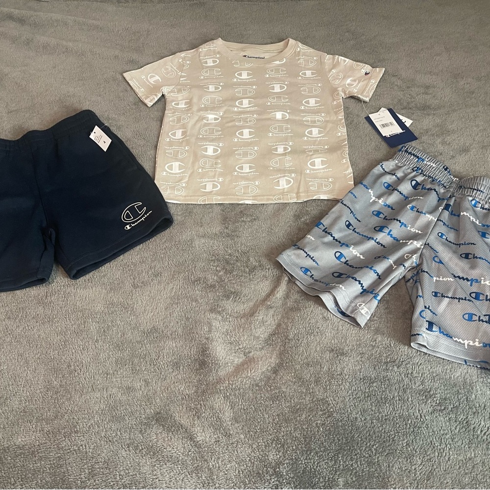 Champion Beige T-Shirt with Navy and Light Blue Shorts Set